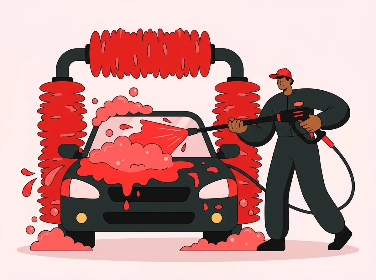 Un'auto coperta di schiuma in un autolavaggio con spazzole giganti e un addetto con la lancia