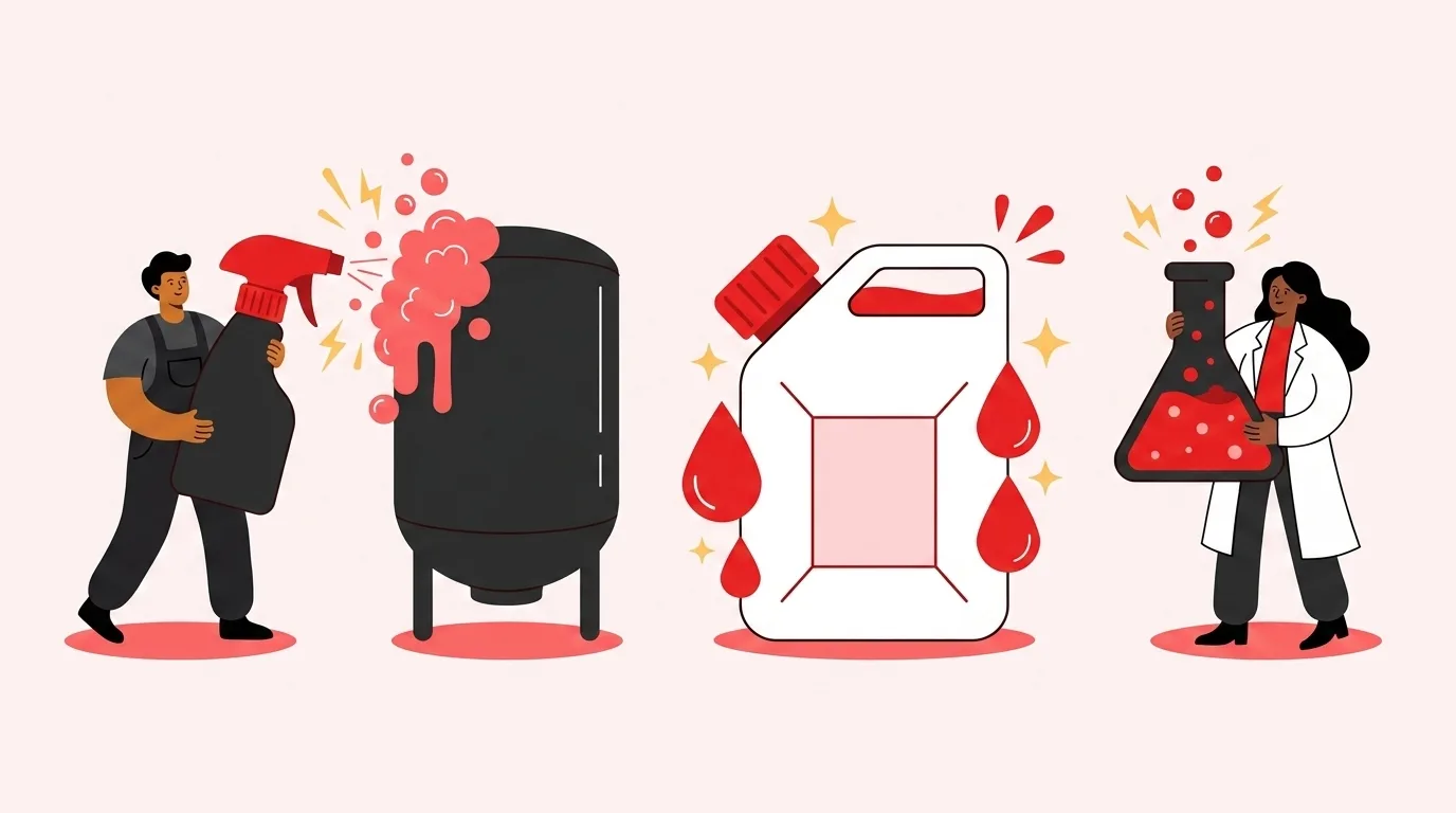 La squadra BZ Chem al lavoro: un tecnico spruzza schiuma su un serbatoio, una tanica gigante con tappo rosso e una chimica con un pallone di laboratorio